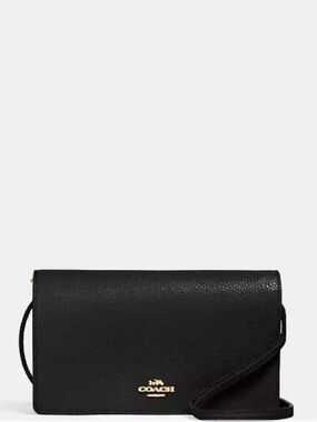 Coach Black Pebbled Leather Fold-Over Crossbody with Gold Logo